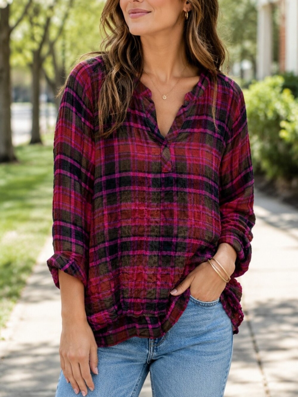 Jane and Delancey Pink Brown Plaid Crinkle Peasant Blouse Boho Cottagecore